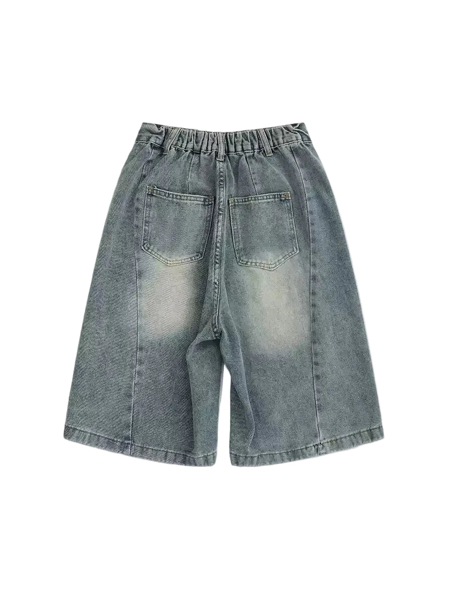 Denim shorts on a white background with BOYUE branding.
