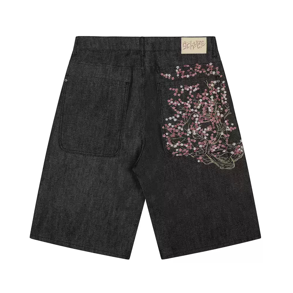 Denim Shorts with Sakura Embroidery – Streetwear Edition