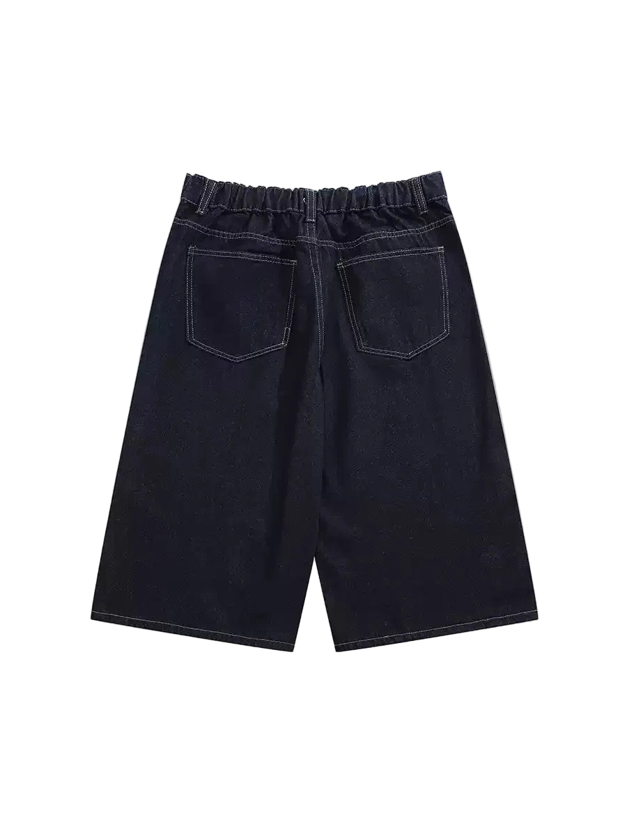 Black denim shorts on a white background with BOYUE branding.
