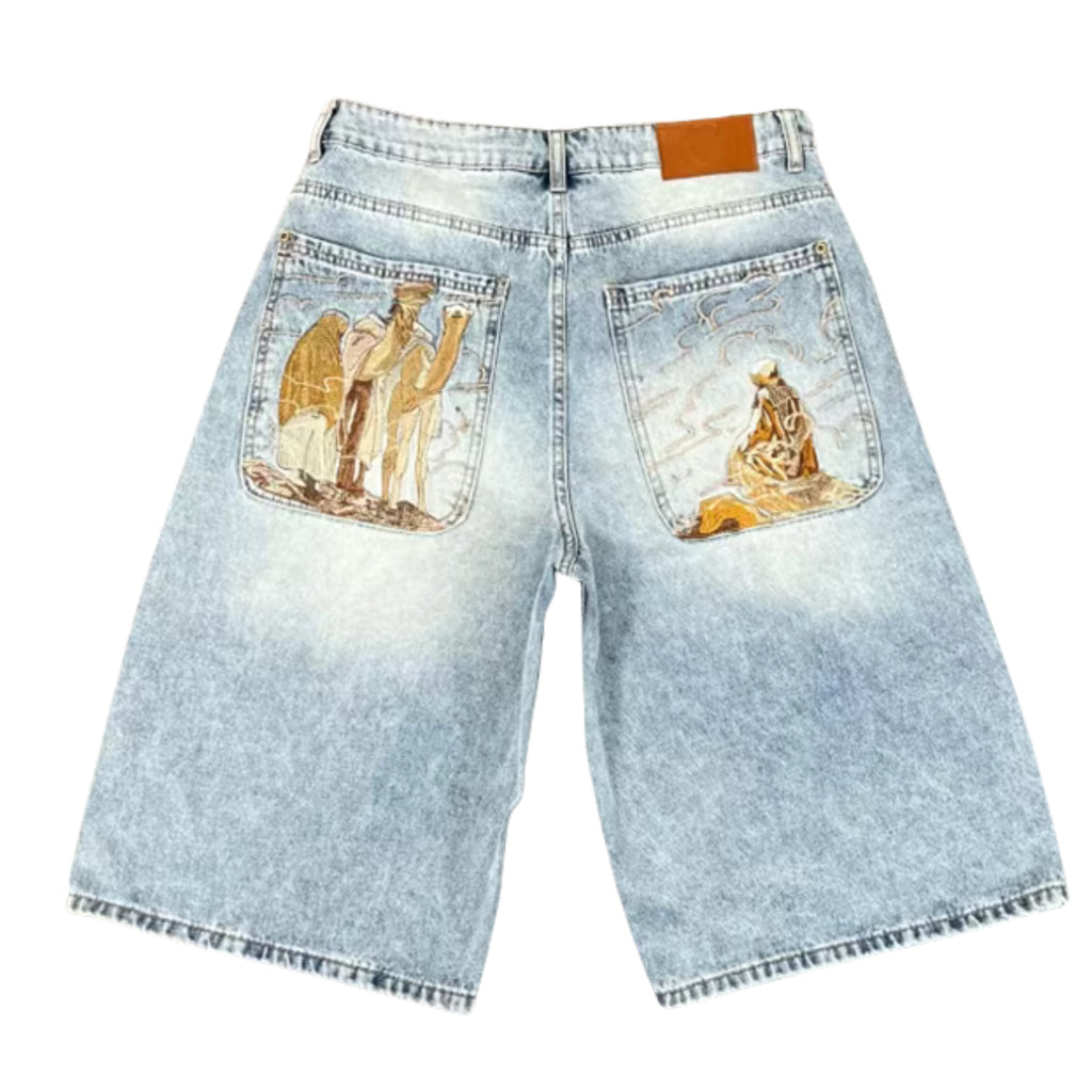 Light Blue Denim Shorts with Desert Embroidery
