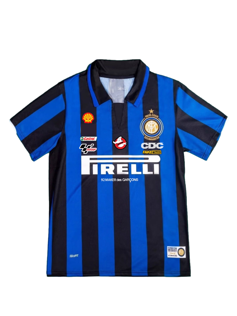 Black and blue striped sports jersey with various logos on a white background